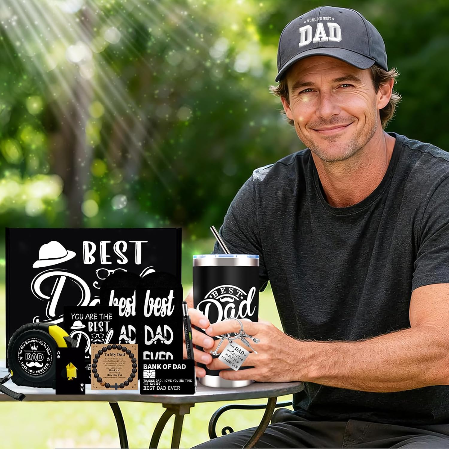 11 Pcs Best Dad Ever Gift, Father's Day Gifts, Dad Gifts for Men with 20 Oz Tumbler Socks Baseball Cap Tape Measure Bracelet Wallet Card Keychain, Fathers Day Birthday Christmas Gift for Dad Husband