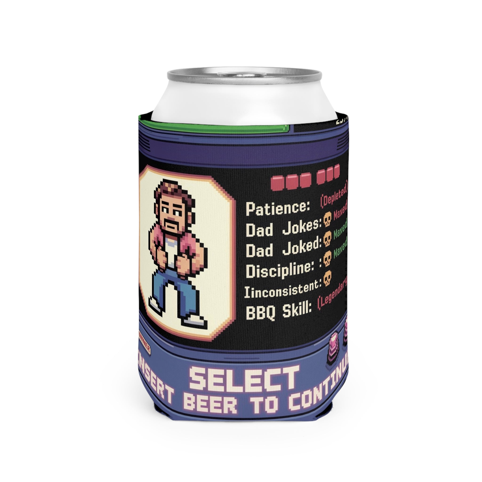 Can Cooler Sleeve — Pixel Dad 'Insert Beer to Continue' Retro Arcade Design