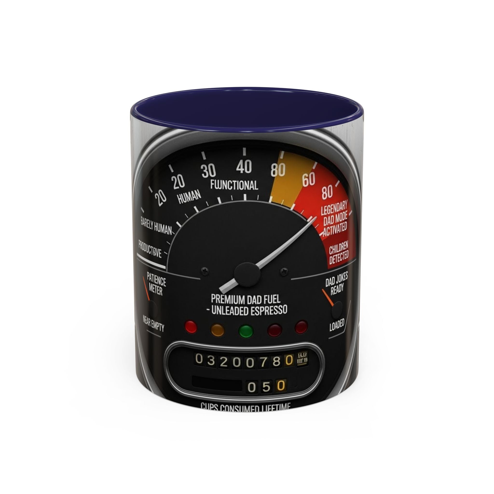Accent Coffee Mug — "Premium Dad Fuel: Legendary Dad Mode Activated" Vintage Gauge Design