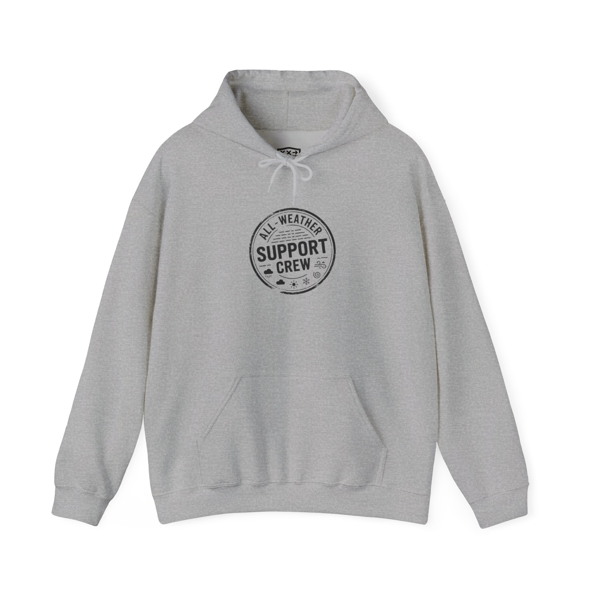 All-Weather Support Crew Badge Hoodie — Rugged Outdoor Weather Stamp